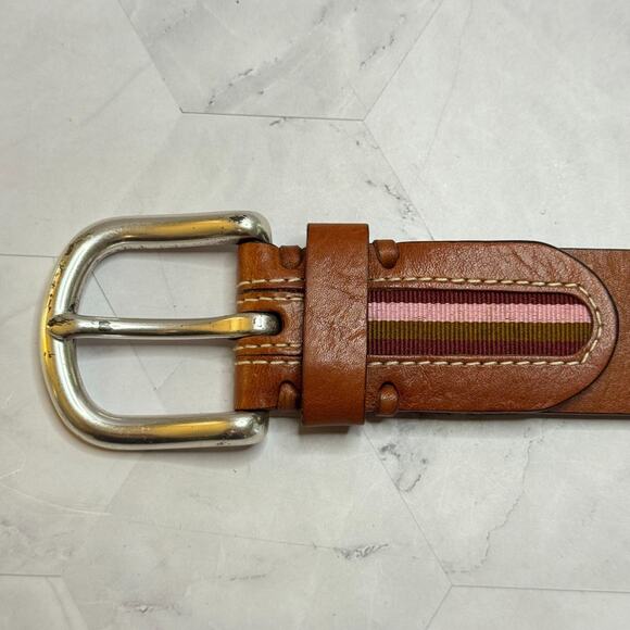 Fossil Brown Leather Sz Medium Womens Belt Silver Tone Buckle Pink Olive Stripe - Picture 4 of 7
